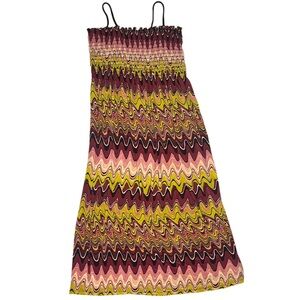 Wiggly dress size medium, OS burgundy multi colored squiggly striped maxi dress
